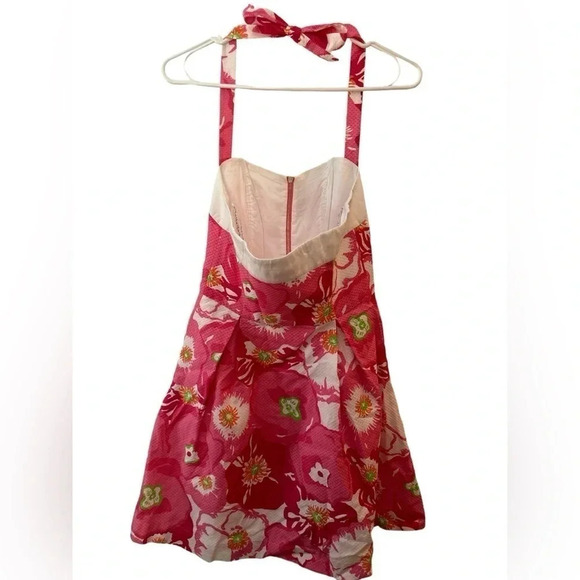 Lilly Pulitzer Marisa Hotty Pink Cherry Begonias Floral Halter Fit Flare Dress 2 - Picture 3 of 7